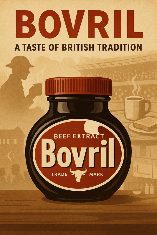 Bovril poster showing a central jar of Bovril beef extract with background scenes of a Victorian soldier, a football stadium with steaming cups, and a modern kitchen. Text reads: Bovril – A Taste of British Tradition.