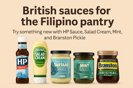 Five classic British sauces—HP Sauce, Salad Cream, Tartare Sauce, Mint Sauce, and Branston Pickle—side by side, with Filipino and British flags.