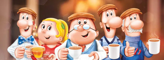Tetley Tea Folk cartoon characters enjoying cups of tea together, the iconic mascots from Tetley’s British advertising campaigns.