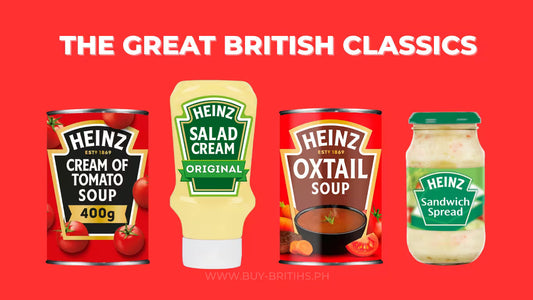 Heinz UK classics including Cream of Tomato Soup, Salad Cream, Oxtail Soup and Sandwich Spread, iconic British products.