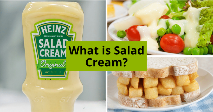 Heinz Salad Cream bottle with examples of use on salad and in a chip sandwich, British condiment explained.