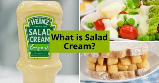 Heinz Salad Cream bottle with examples of use on salad and in a chip sandwich, British condiment explained.