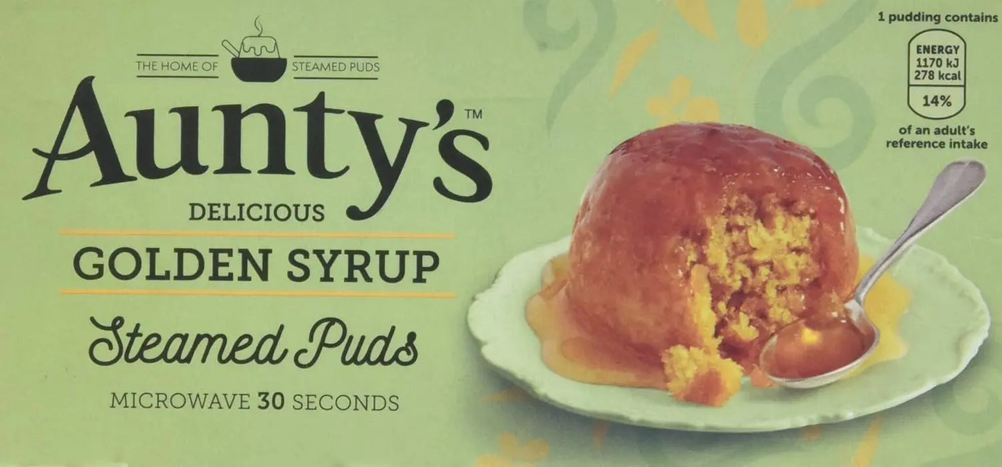 Auntys Golden Syrup Steamed Puds packaging with a pudding on a plate and a spoon.