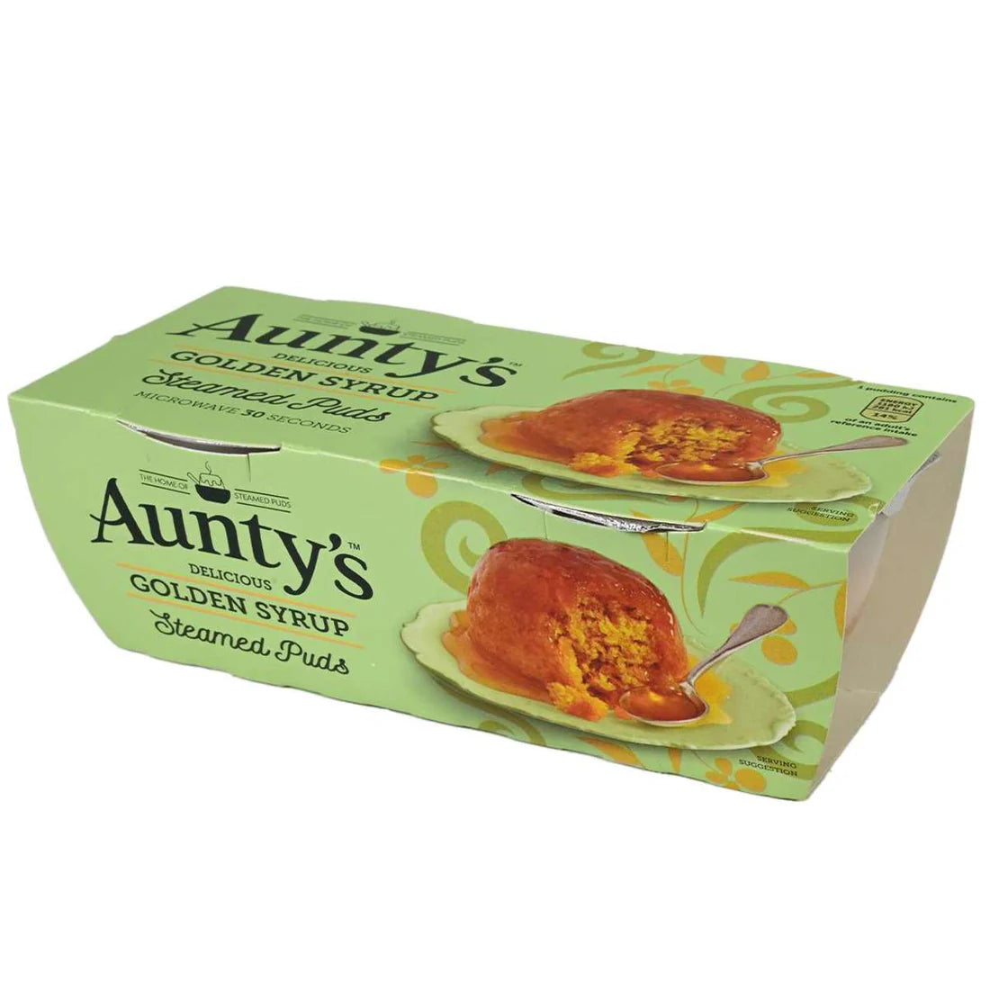 Green box of Aunty's Golden Syrup Steamed Puds on a white background