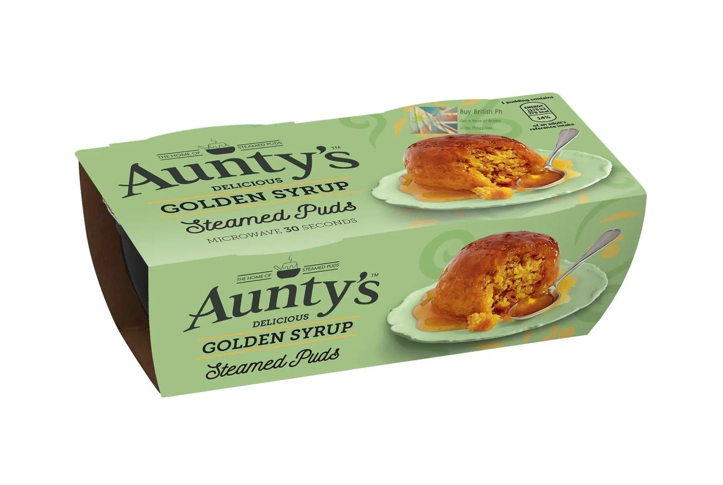 Box of Aunty's Golden Syrup Steamed Puds with images of the product on a white background