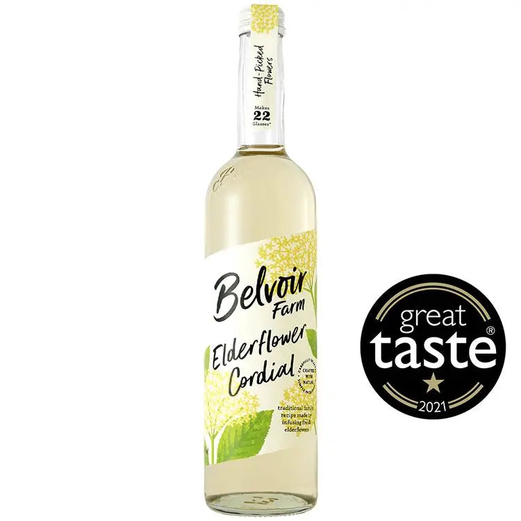 Bottle of Belvoir Farm Elderflower Cordial with a Great Taste award logo on a white background