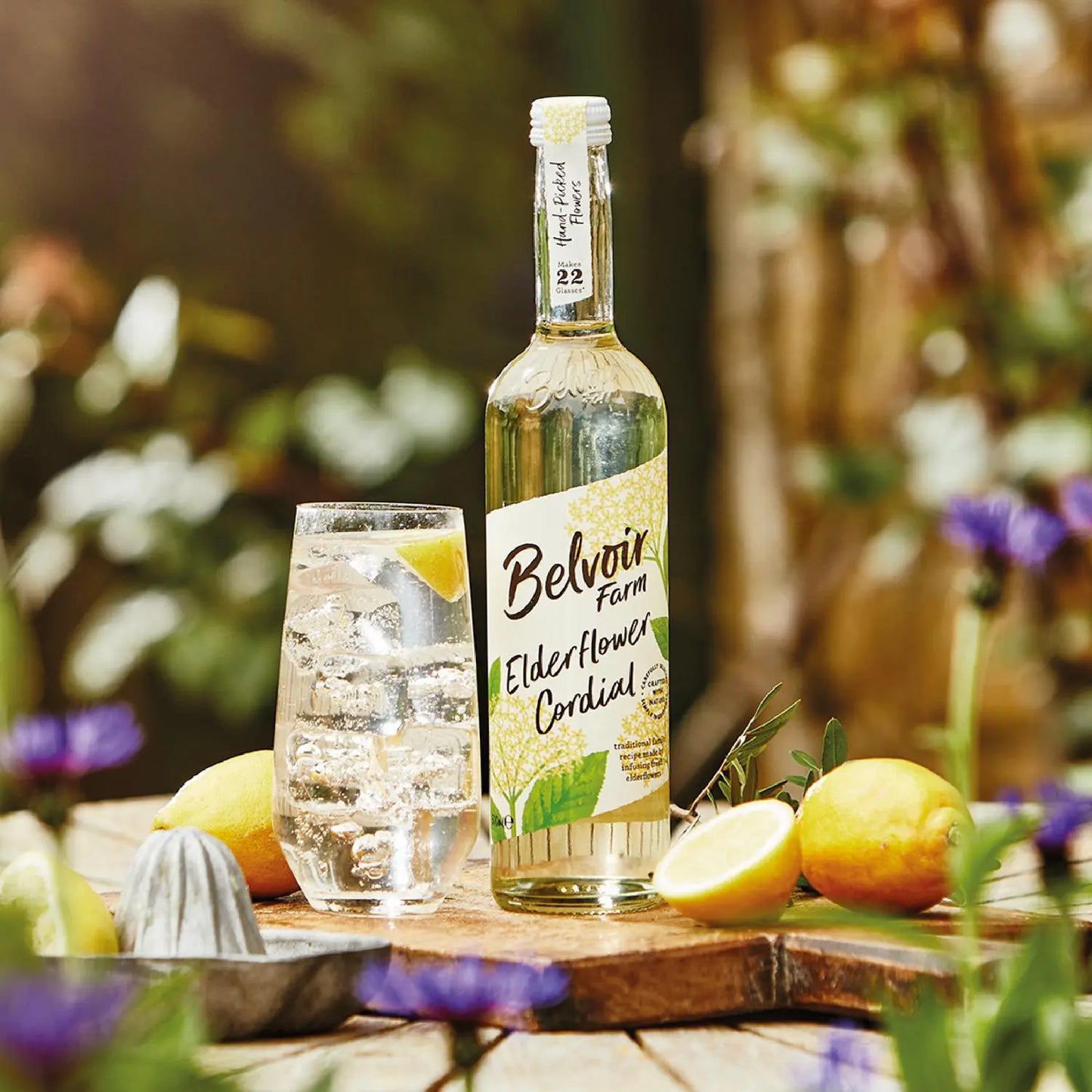 Bottle of Belvoir Farm Elderflower Cordial with a glass of lemonade on a wooden surface outdoors.
