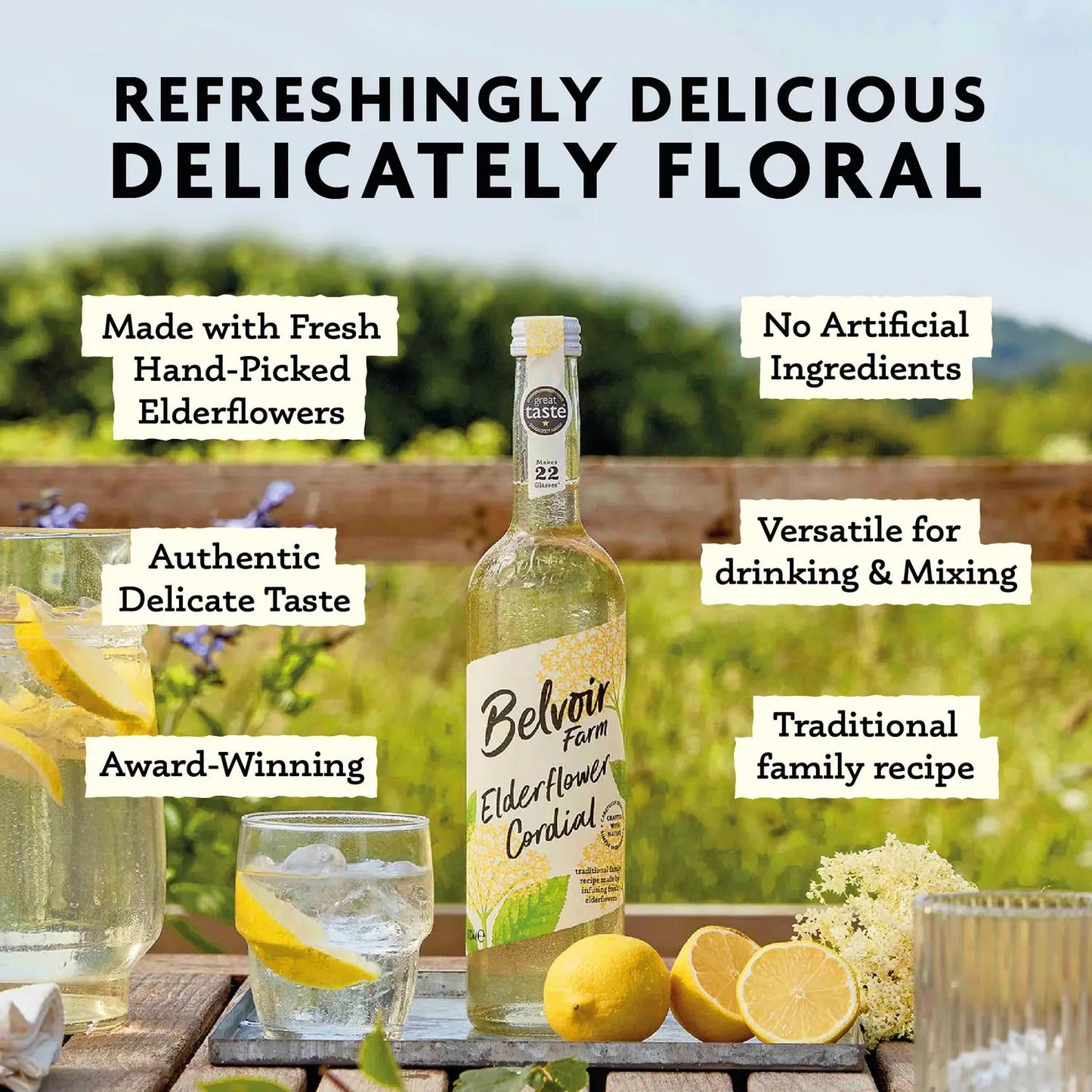 Belvoir Farm Elderflower Cordial bottle with lemon slices and glasses outdoors, featuring product details.