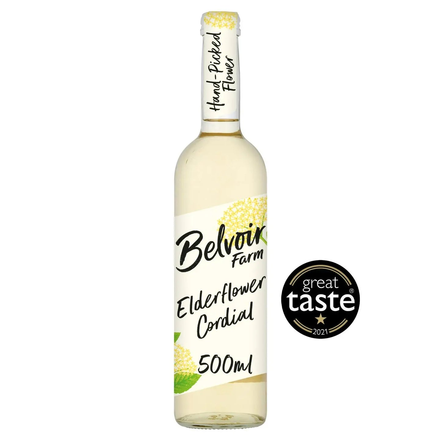 Bottle of Belvoir Farm Elderflower Cordial with a 'Great Taste' award on a white background, now at Buy British PH.