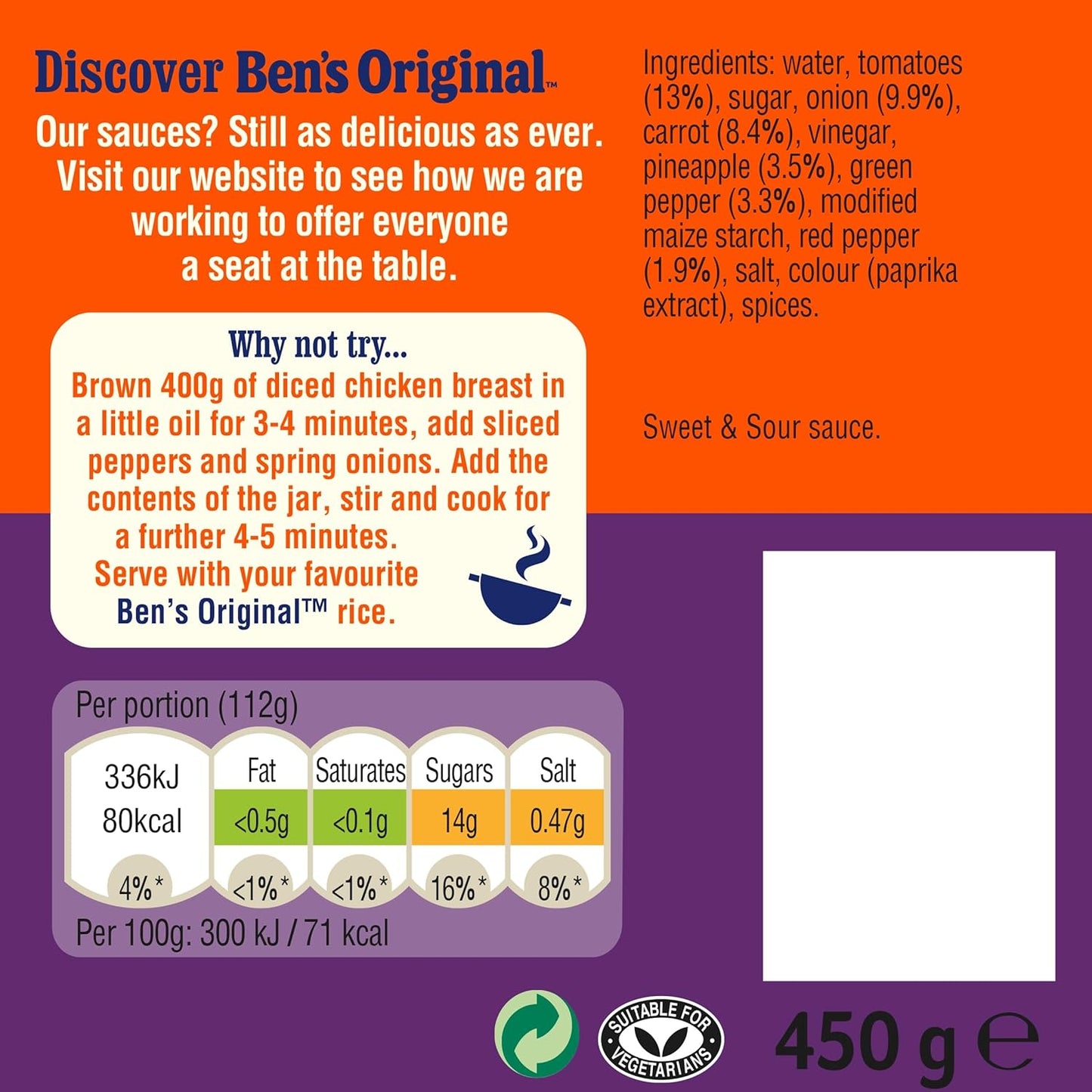 Ben's Original sauce packaging with text, ingredients list, and nutritional information.