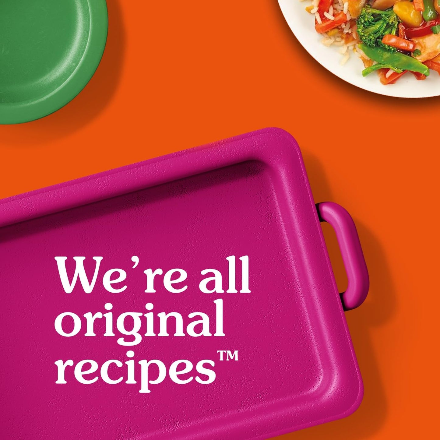 Pink tray with 'We're all original recipes' text on an orange background with a plate of food.