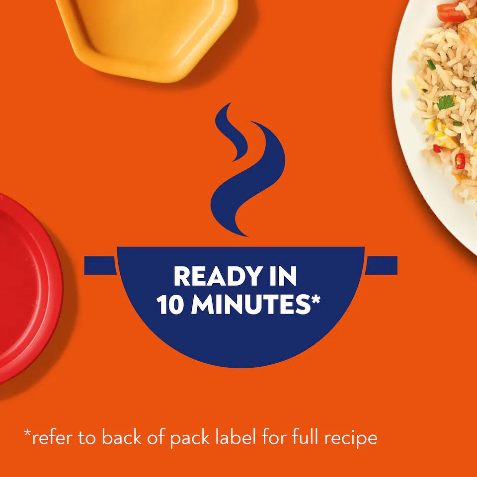 Promotional graphic for a quick meal with a blue bowl icon and text on an orange background.