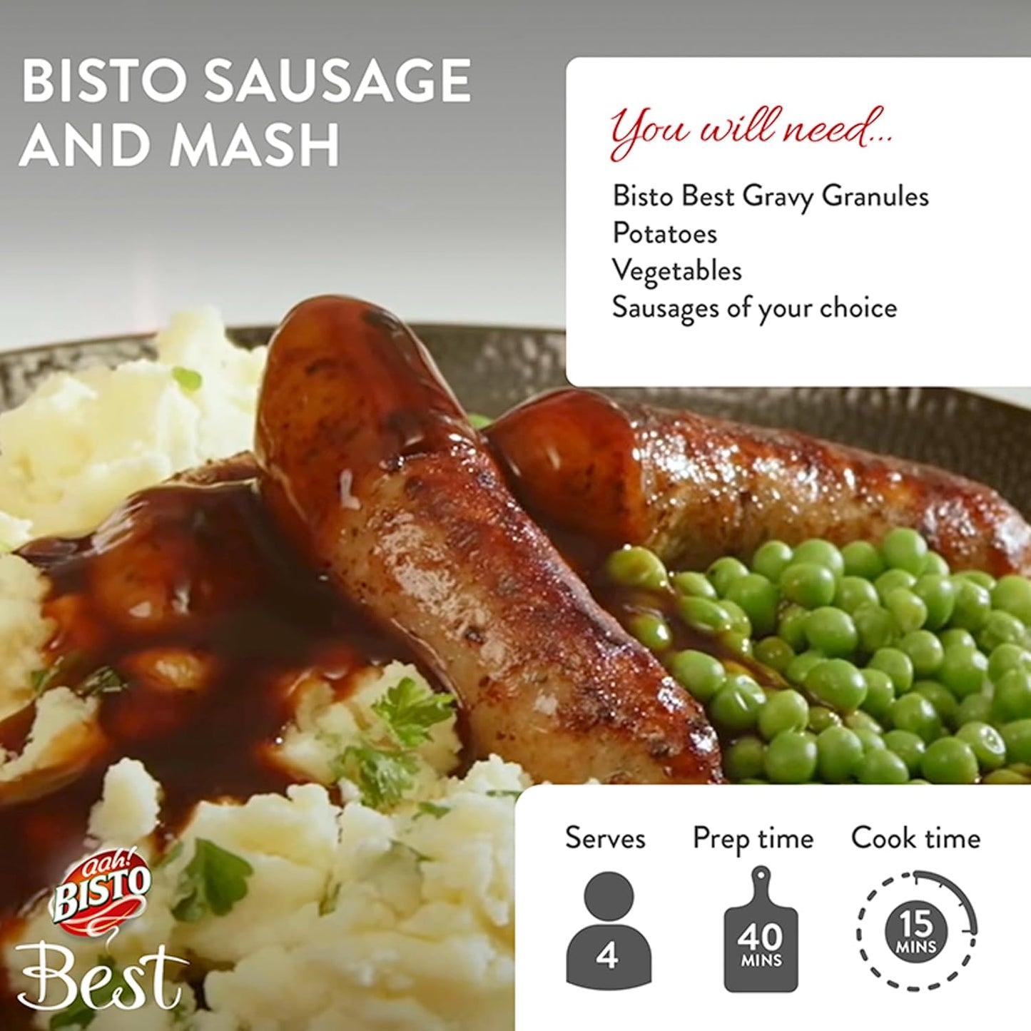 Bisto sausage and mash dish with ingredients and preparation details.
