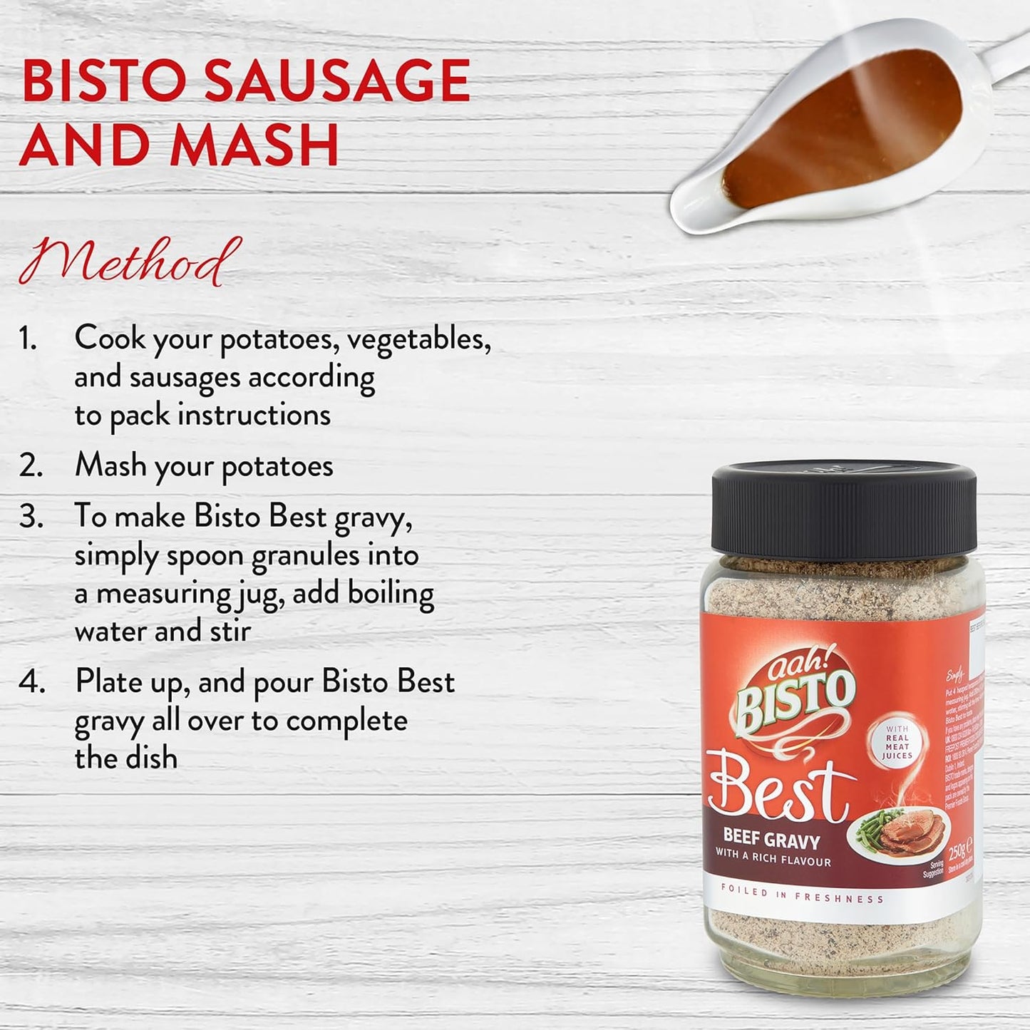 Bisto Best gravy jar with cooking instructions on a wooden background
