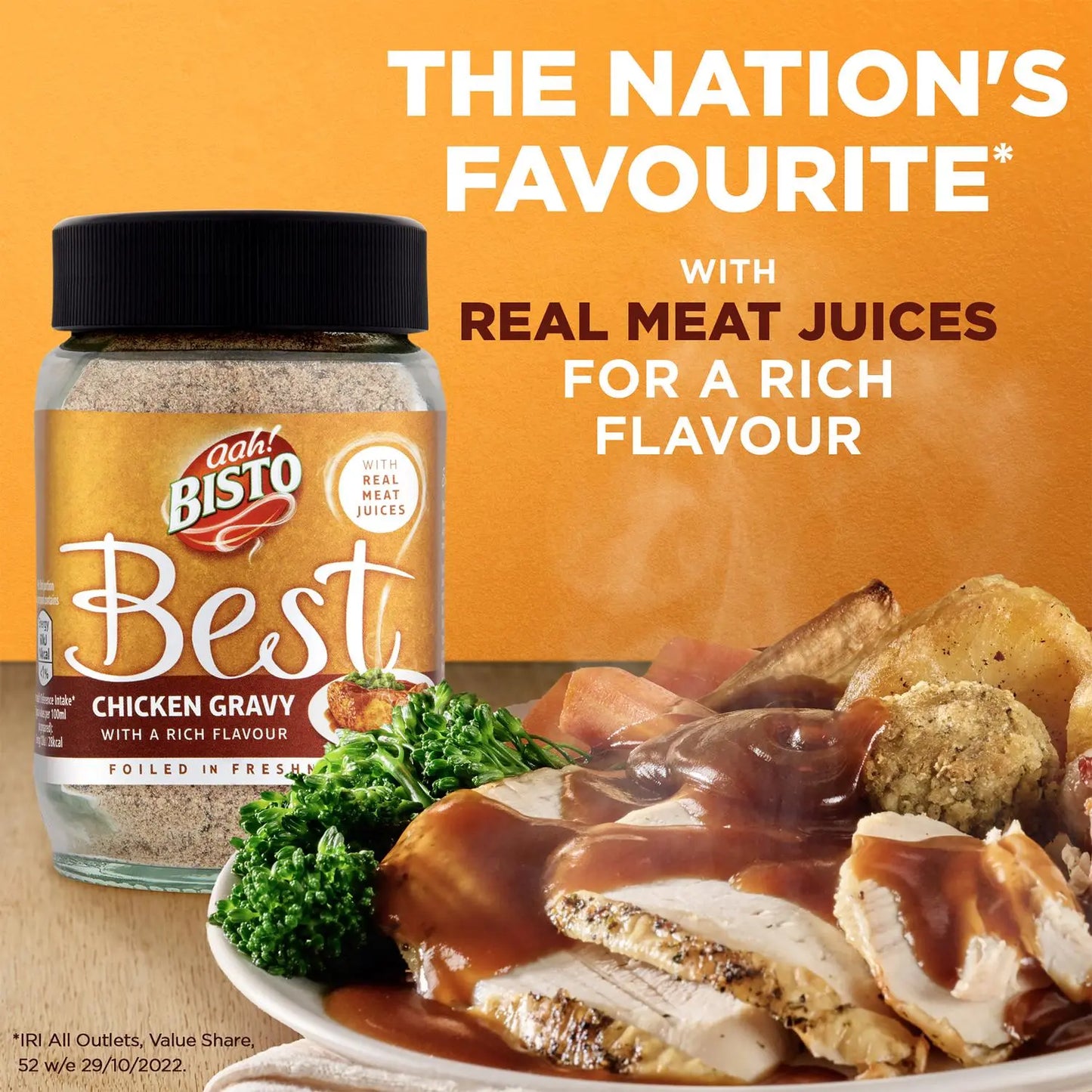 Bisto Best Chicken Gravy jar with a plate of food on an orange background