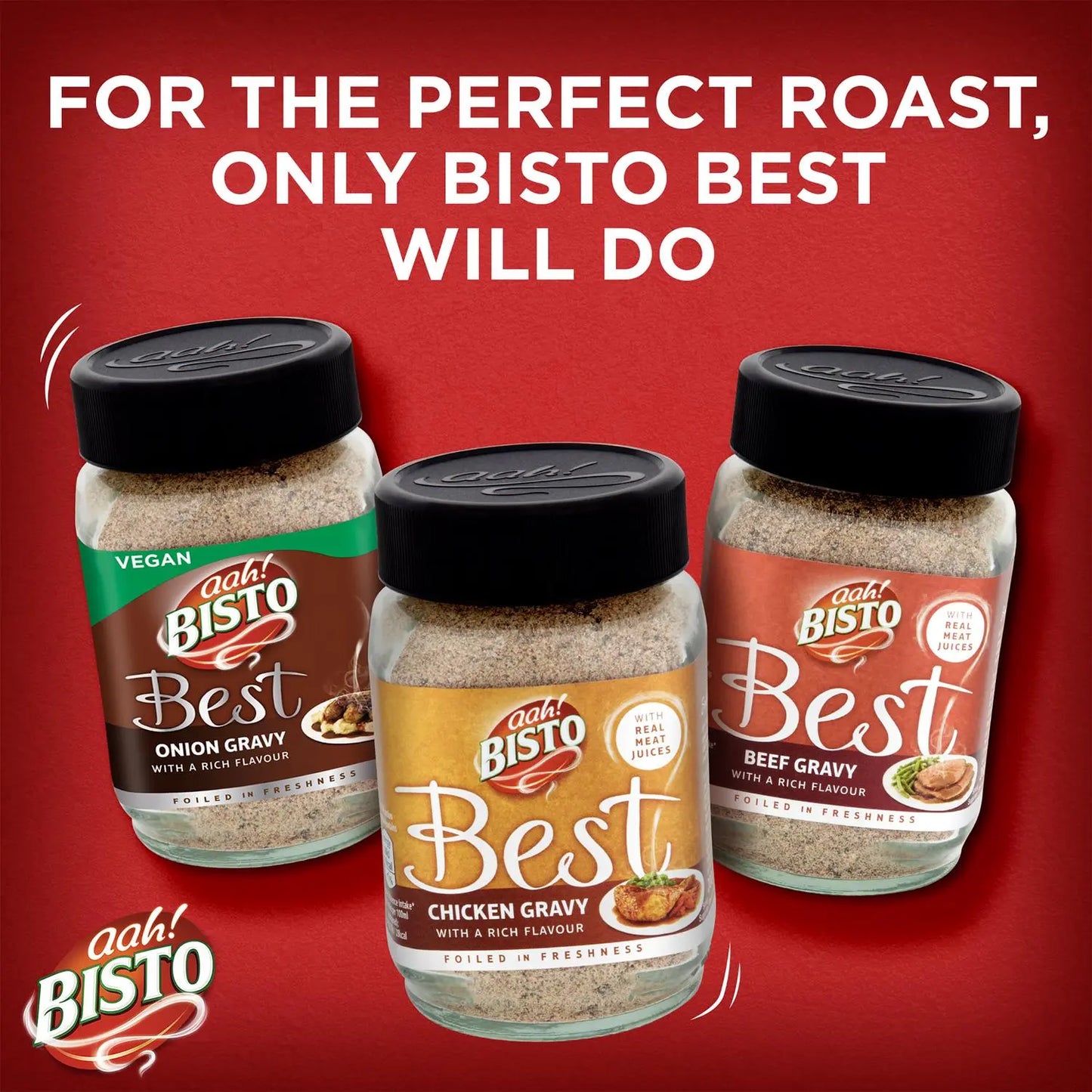 Three jars of Bisto Best gravy on a red background with promotional text.