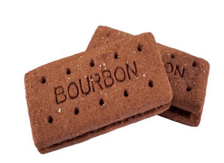 Two brown cookies with 'Bourbon' branding on a white background