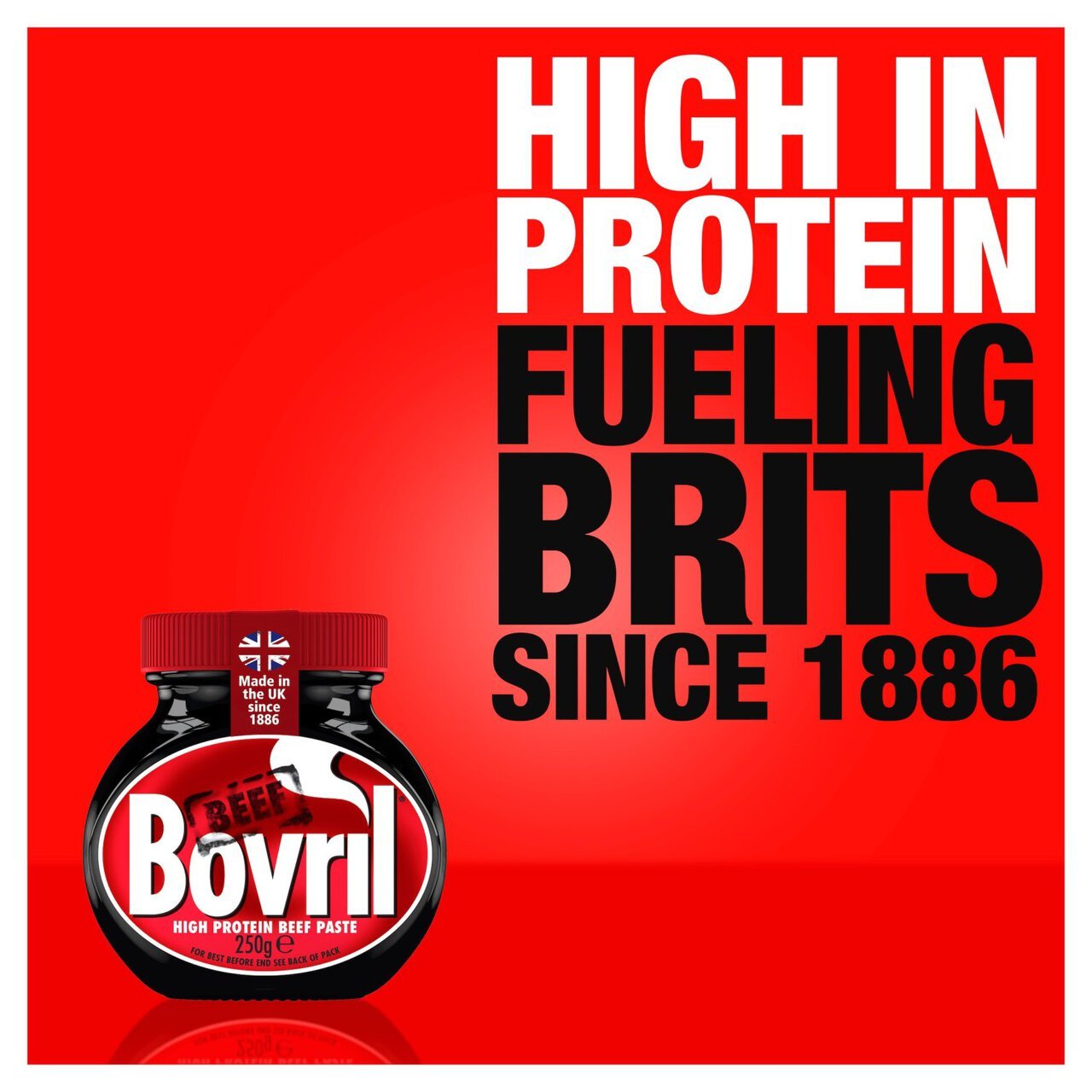 Bovril bottle with text on a red background