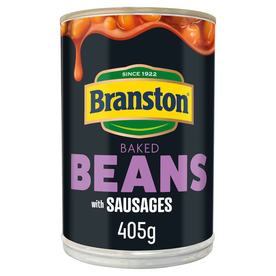 Can of Branston Baked Beans with Sausages on a white background