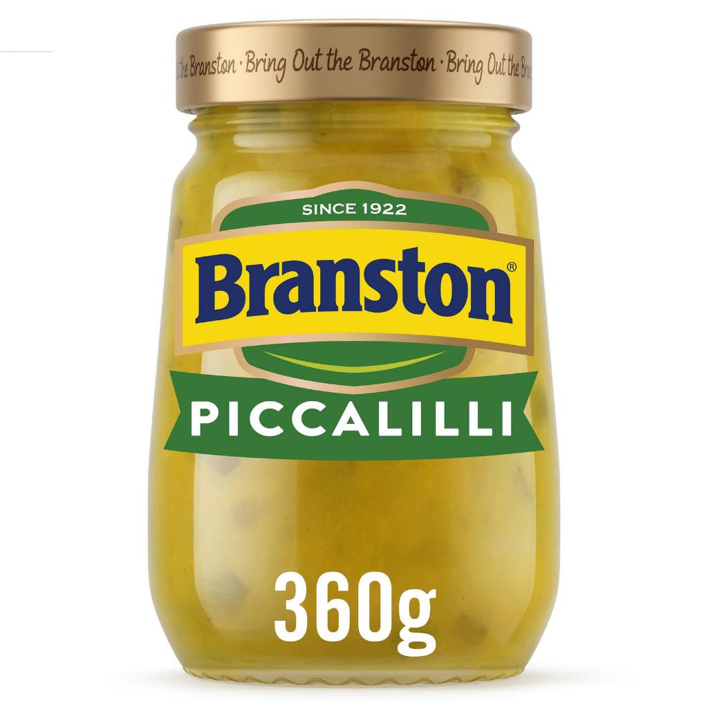 Jar of Branston Piccalilli with visible brand name and weight on a white background