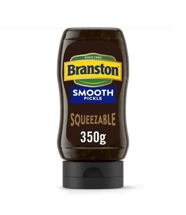 Bottle of Branston Smooth Pickle on a white background