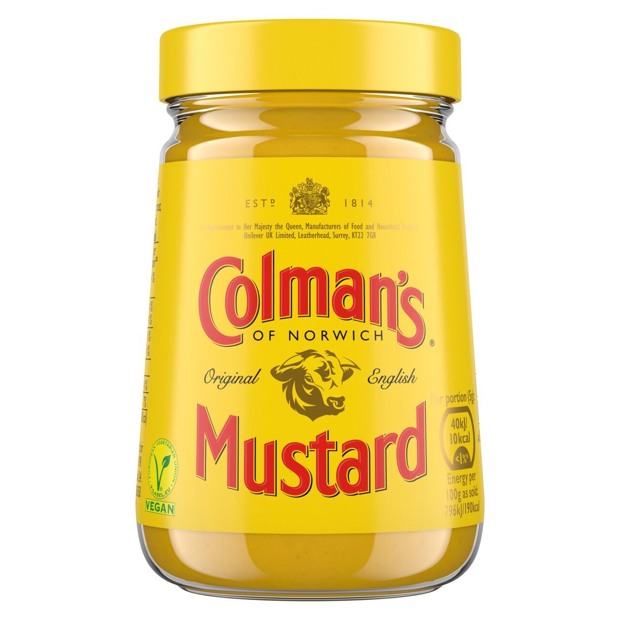 Jar of Coleman's mustard with yellow lid and label on a white background