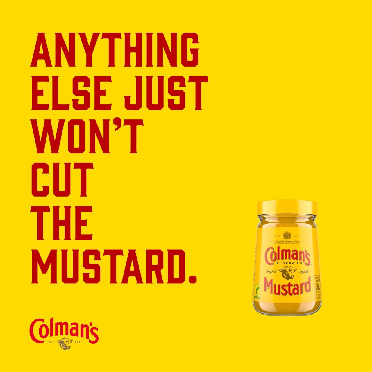Colman's mustard jar with red text on a yellow background