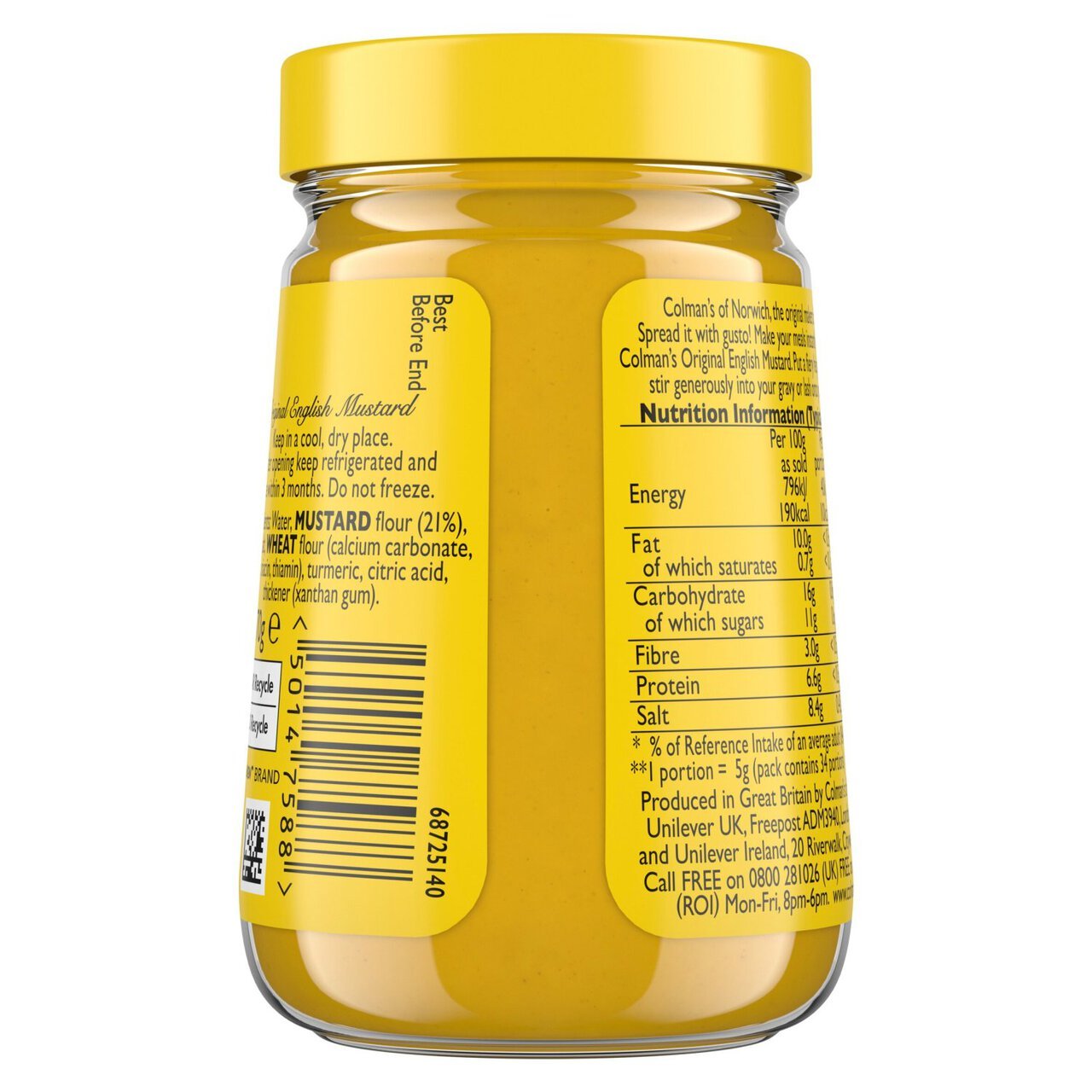 Mustard jar with yellow lid and label on a white background