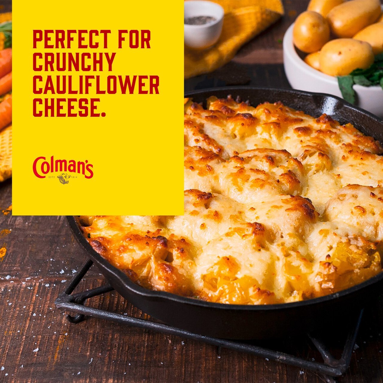 Colman's crunchy cauliflower cheese dish with text on a wooden surface