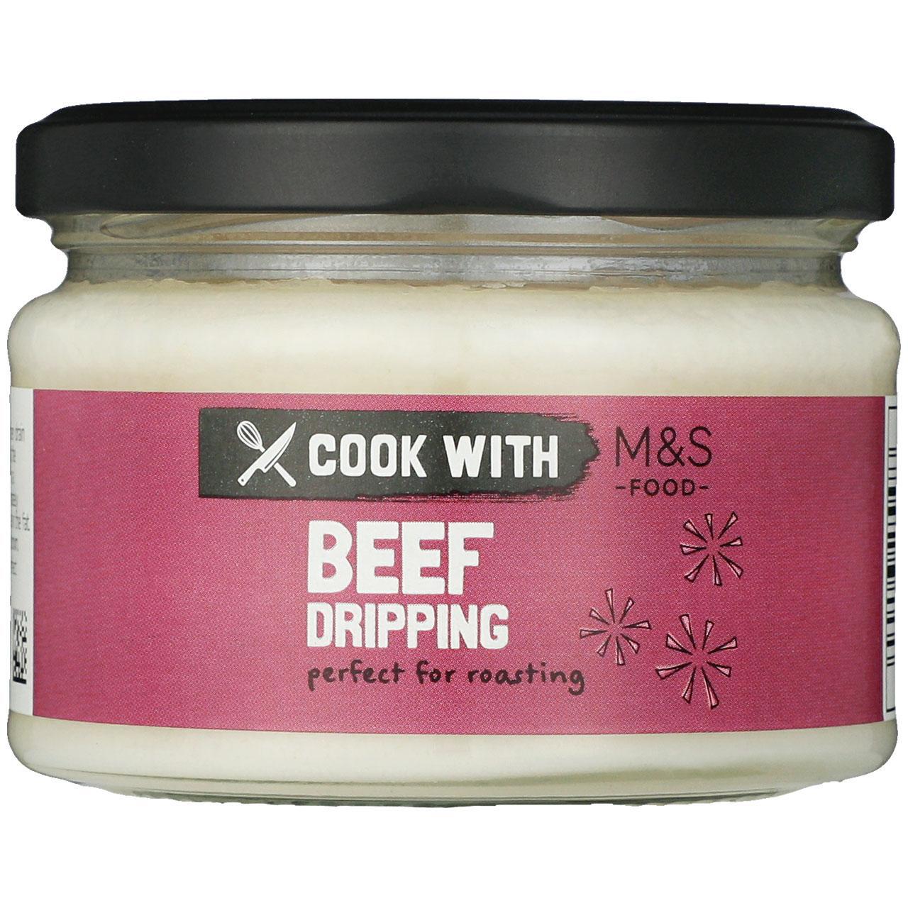 Jar of beef dripping with M&S label on a white background