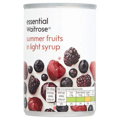 Can of Waitrose summer fruits in light syrup on a white background