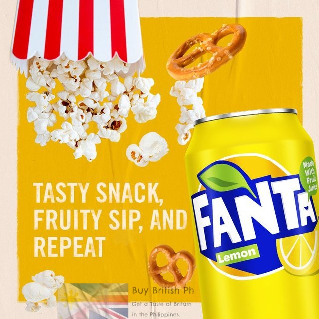 Fanta Lemon can with popcorn and pretzels on a yellow background