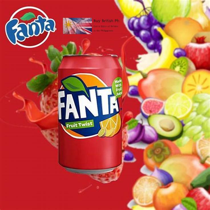 Fanta Fruit Twist can with colorful fruits on a red background