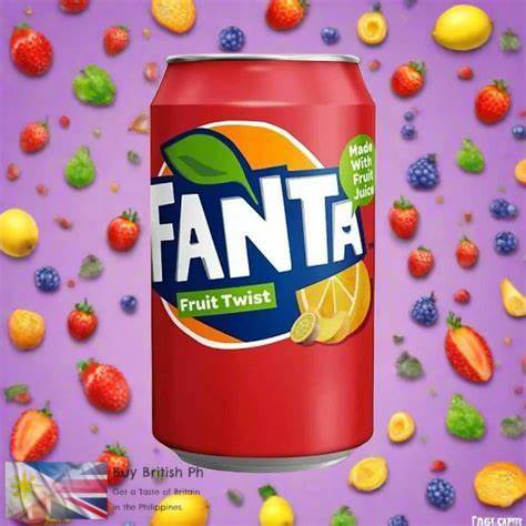 Fanta Fruit Twist can with colorful fruit illustrations on a purple background