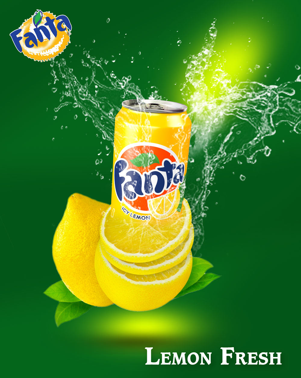 Fanta lemonade can with lemons and water splashes on a green background