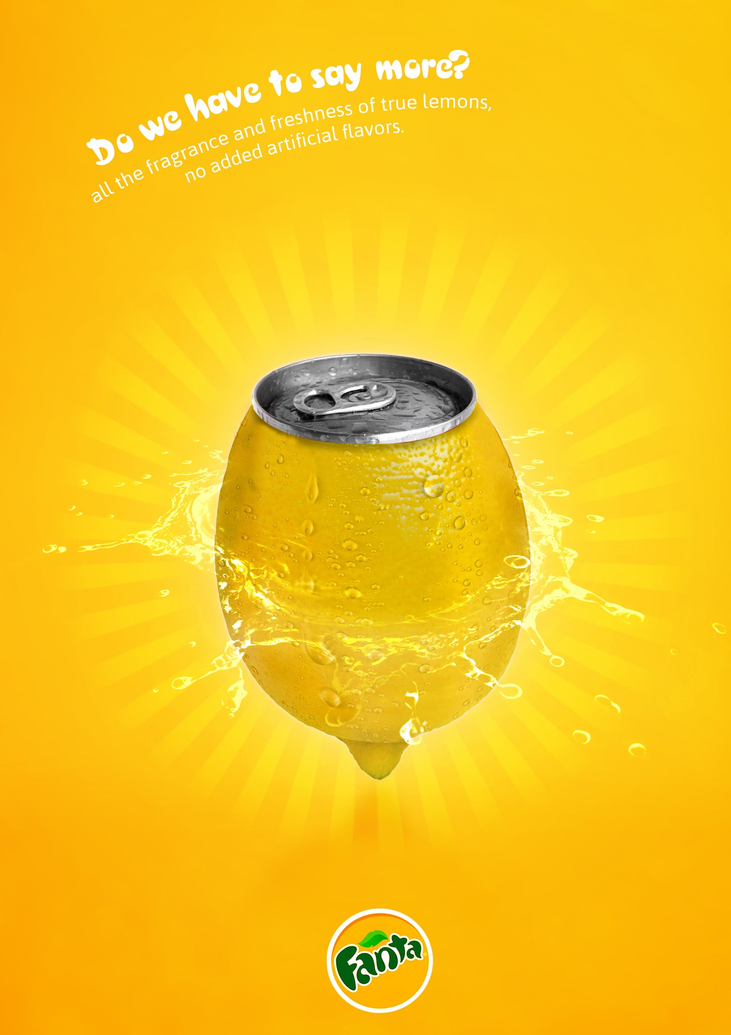 Fanta can shaped like a lemon on a bright yellow background with brand logo.