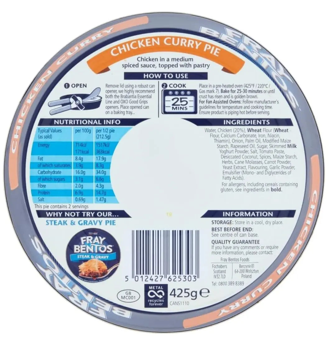 Fray Bentos Chicken Curry Pie packaging with label showing nutritional information, ingredients, and cooking instructions.