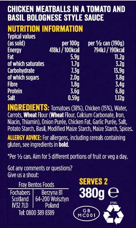 Nutrition information and ingredients list for chicken meatballs in a tomato and basil bolognese style sauce on a blue background.