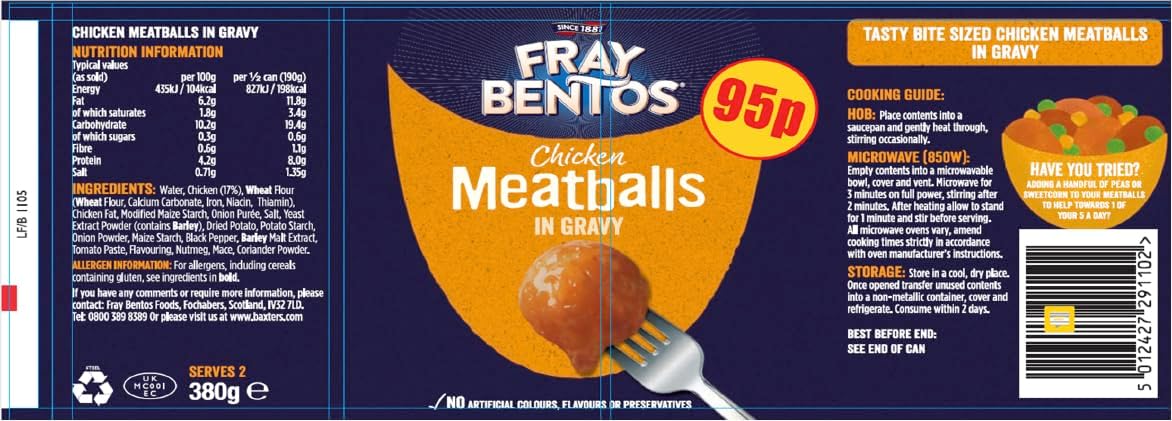 Fray Bentos Chicken Meatballs in Gravy packaging with branding and product details. Available from Buy British PH