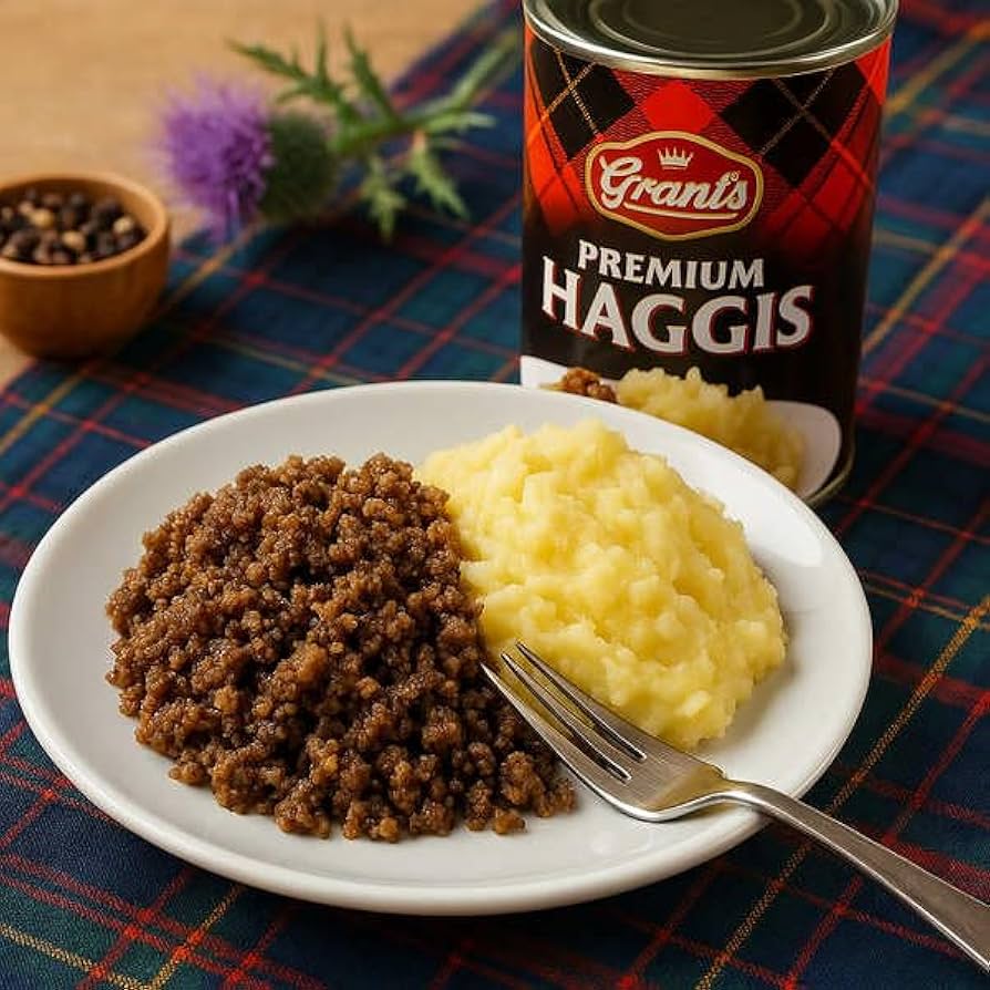Plate of haggis and neeps with a can of Grants Premium Haggis on a tartan tablecloth.