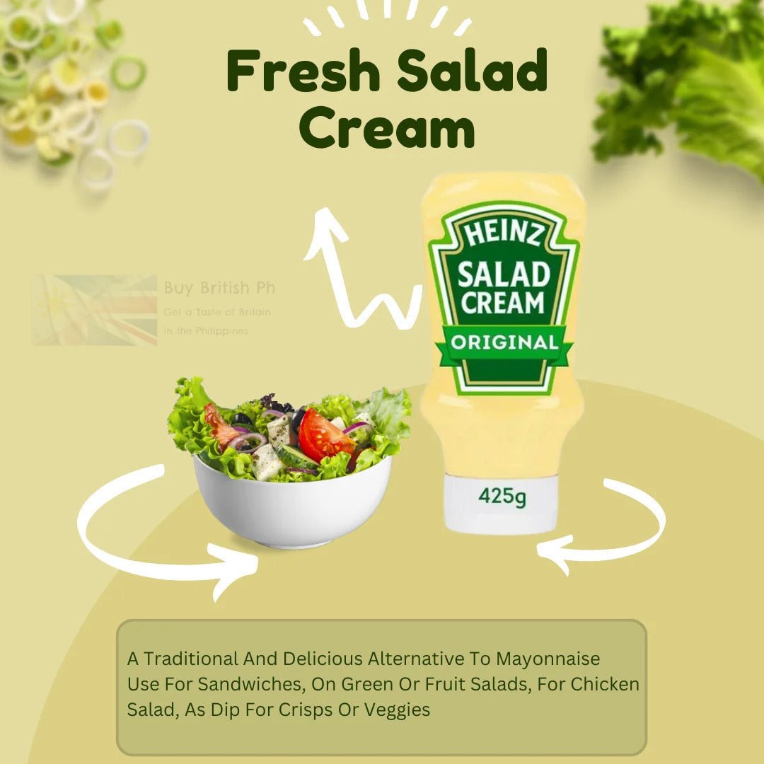 Heinz Salad Cream bottle with a salad on a light green background
