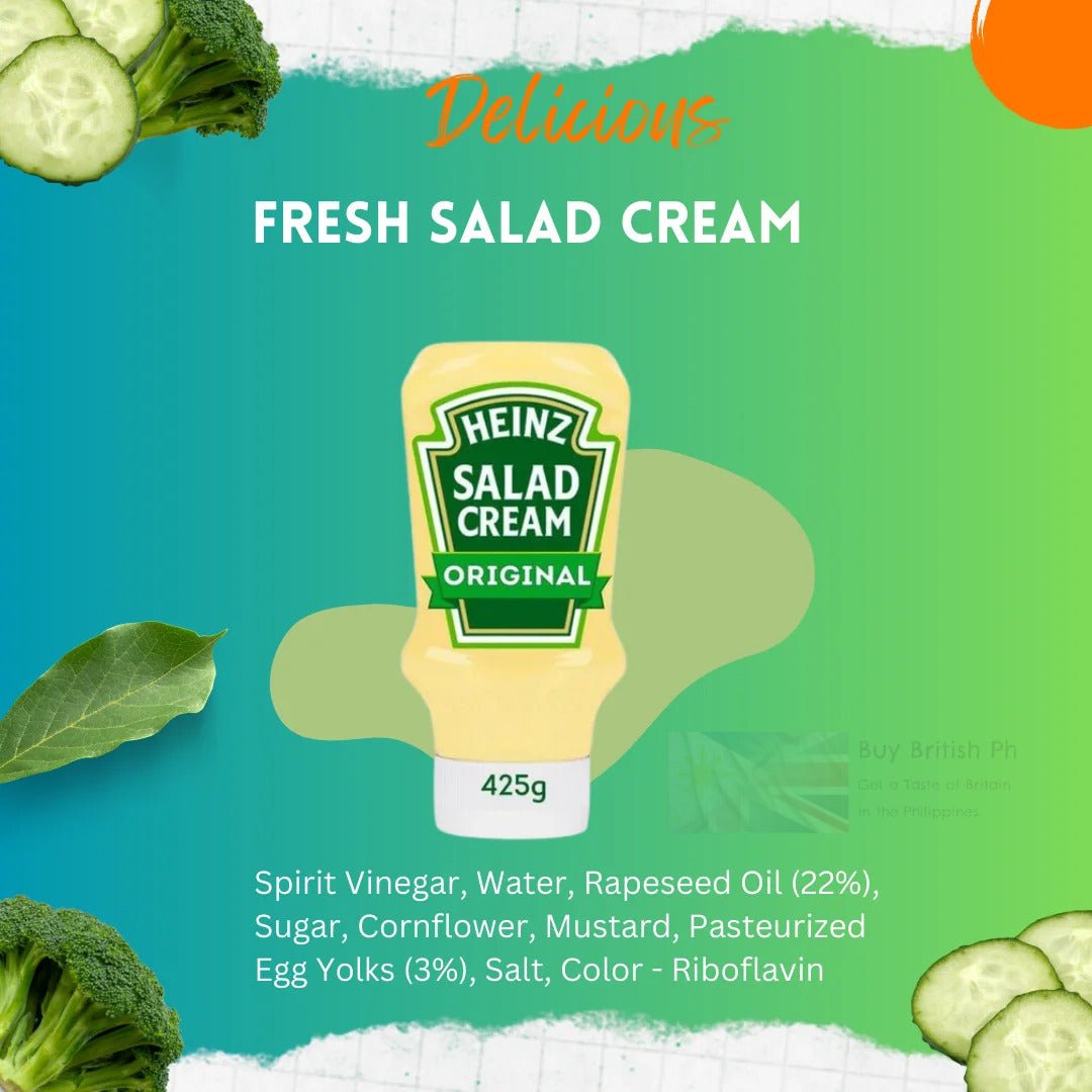 Heinz Salad Cream bottle with salad ingredients on a green and blue background