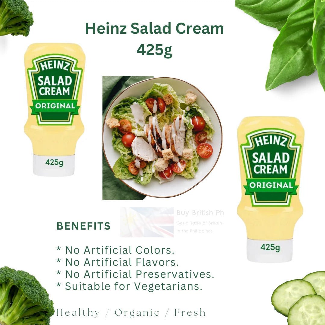 Heinz Salad Cream packaging with a salad and vegetables on a white background