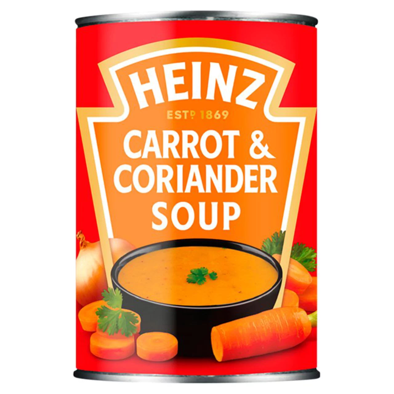 Can of Heinz Carrot & Coriander Soup on a white background