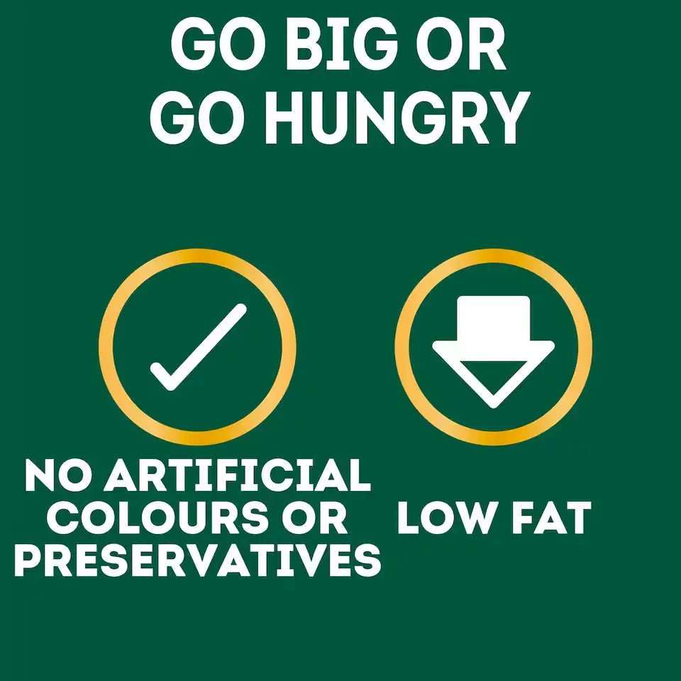 Green label with text 'Go Big or Go Hungry' and icons for no artificial colors or preservatives and low fat on a green background.