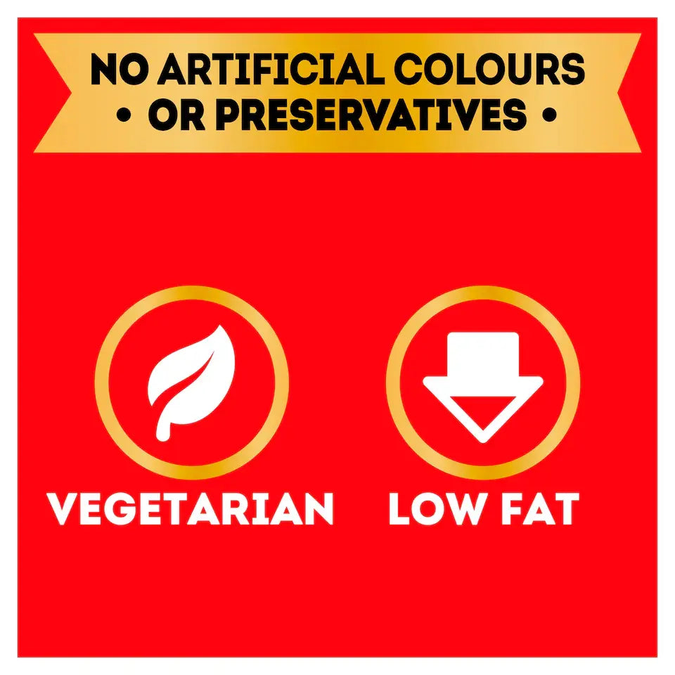 Red label with vegetarian and low fat icons on a red background