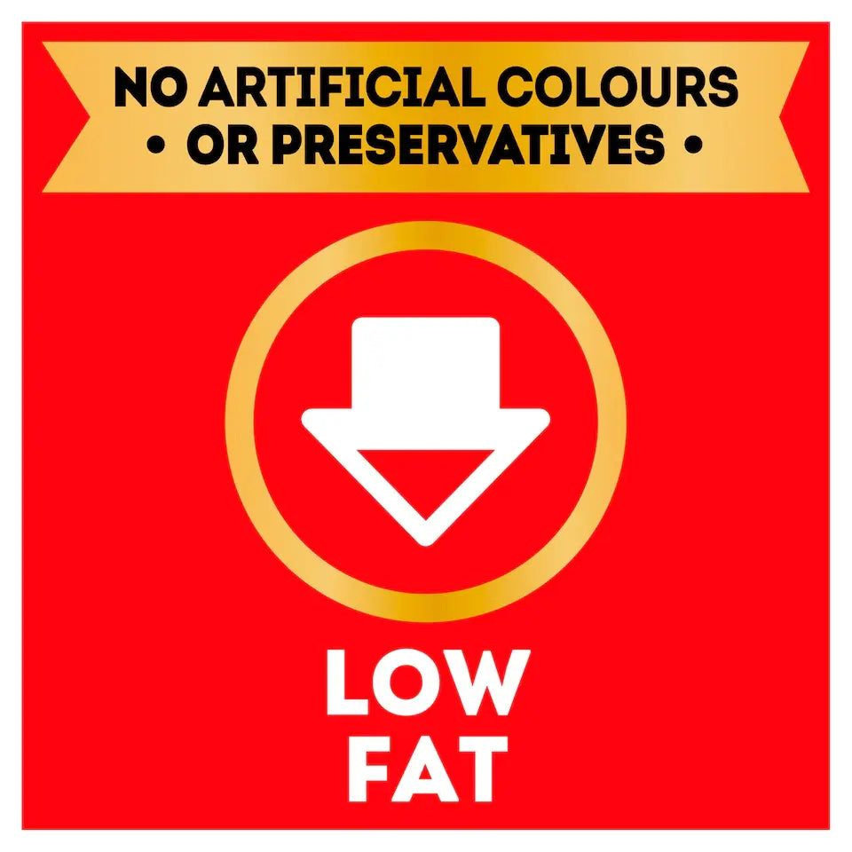Red label with 'No Artificial Colours or Preservatives' and 'Low Fat' text on a white background