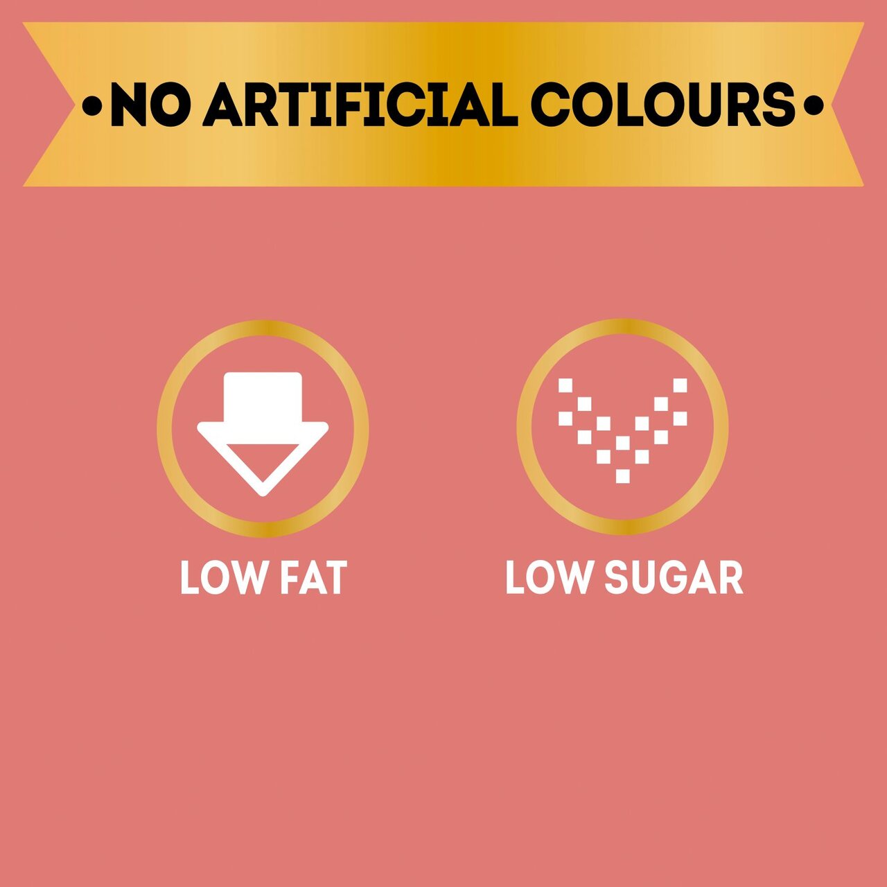 Product label with 'No Artificial Colours', 'Low Fat', and 'Low Sugar' indicators on a pink background.