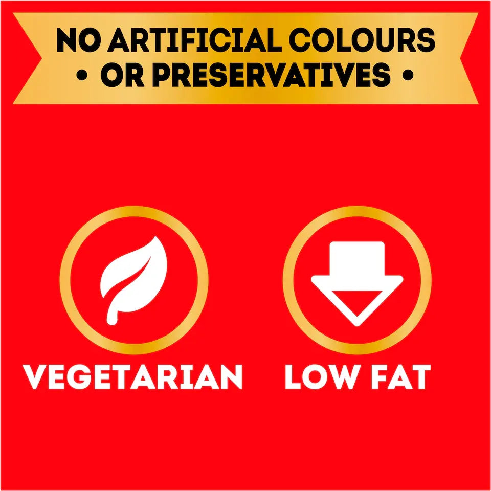 Red label with vegetarian and low fat icons on a red background