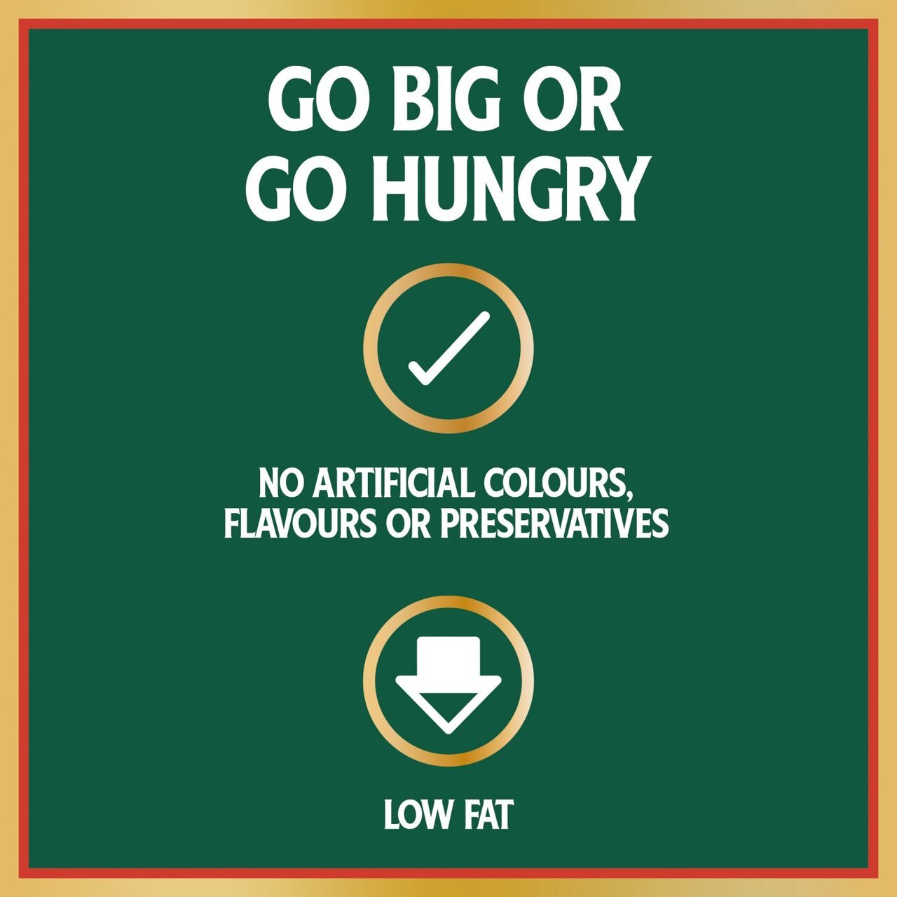 Green label with text 'Go Big or Go Hungry' and icons, on a green background.